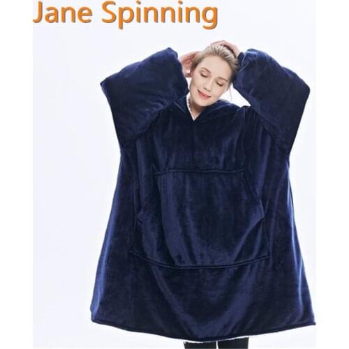 Winter Warm TV Pocket Hooded Blankets Adults Bathrobe Sofa Cozy Blanket Sweatshirt Solid Plush Coral Fleece Blankets Outwears