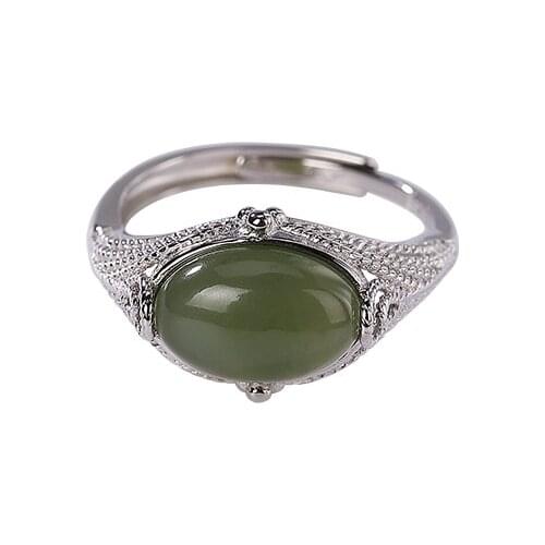 Baifuming s925 sterling silver natural Hetian gray jade ring personality simple hollow Womens Open ring