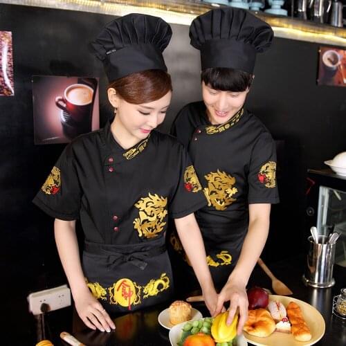Free Shipping Chinese Style Embroider Chef Jacket Hotel Restaurant Cook Coat Summer Short Sleeve Chinese Dragon Uniform Cheap