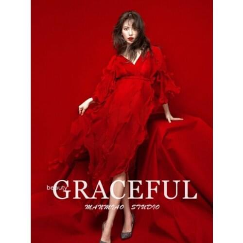 Dvotinst Women Photography Props Elegant Red V-neck Maternity Dresses Fashion Pregnancy Dress Clothes Studio Shoots Photo Props