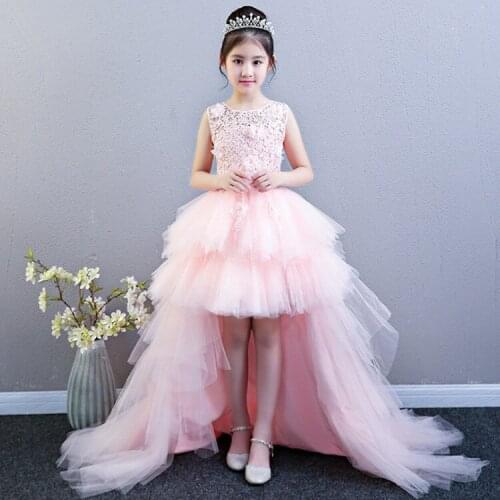 Caustom made lace sleeveless children girls party dress front short back long