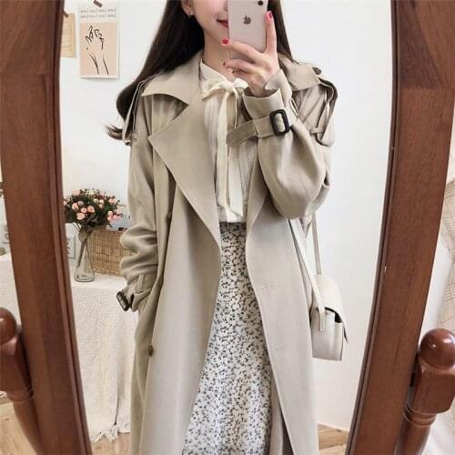 Korean OL Lace-Up Female Windbreaker Waist-Controlled Slim 2021 All Match Chic Casual Trench Elegant Loose Coats