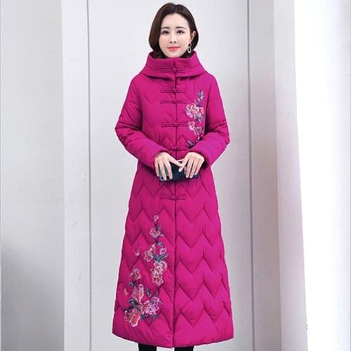 Women Thick Cotton Padded Jacket Winter Hooded Floral Embroidery Ladies X-Long Parkas Chinese Style Single Breasted Loose Coat