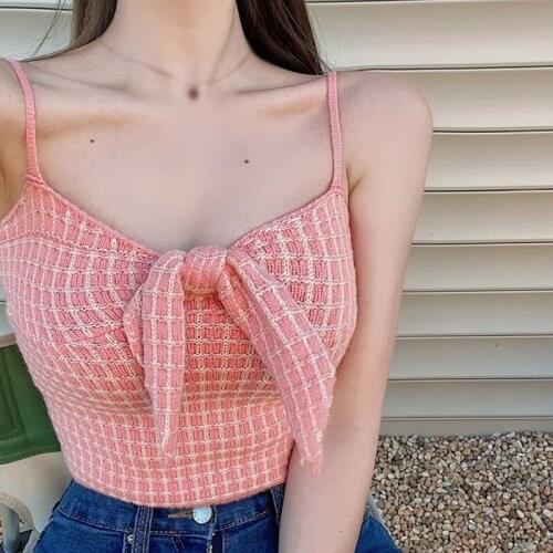 Summer Korean Style Tank Tops Casual Girly Style Sleeveless Short Style Plaid Camisole Vest Female Crop Top Ladies Camis