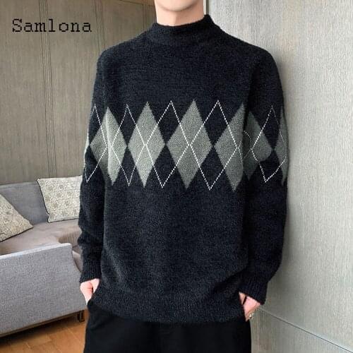 Samlona 2021 Spring Autumn New Knitting Sweaters Argyle Top masculinas pull homme ropa Mock Neck Sweater Pullovers Mens Clothing