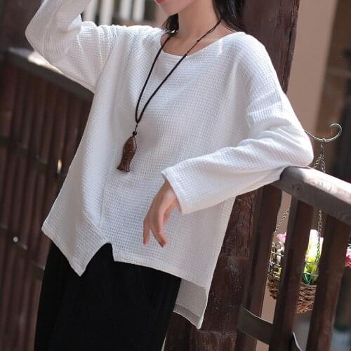 Spring autumn new style cotton linen tops women leisure loose long-sleeved Tshirt female red shirt irregular clothing