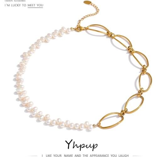Yhpup New Stainless Steel Jewelry Elegant Natural Pearl Chain Necklace Temperament Metal Gold Choker Necklace Bijoux Femme