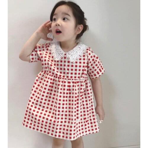New Girls Dress Summer Plaid Baby Girl Dresses Clothes Sweet Children Lace Lapel Dress Kids Princess Party Costume