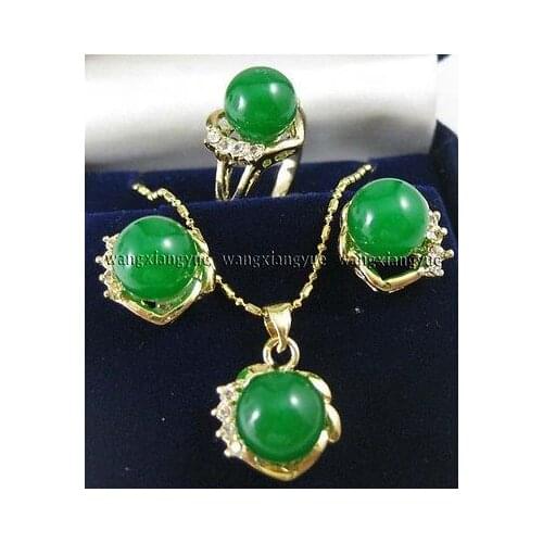 New Style Hot sale****10mm Green jade Earrings Ring & Necklace Pendant Set AAA Fashion Wedding Party Jewellery