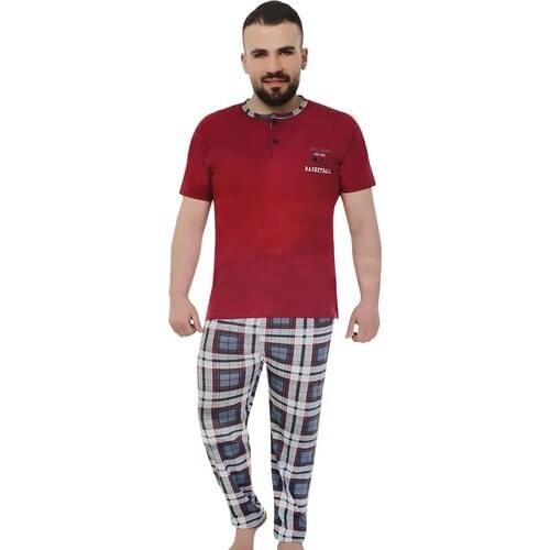 Tampap 2105K Short Sleeved Summer Cotton Men 'S pajamas Set burgundy