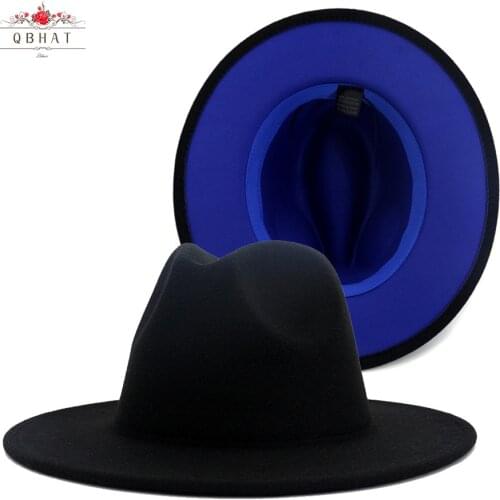 QBHAT Black with Blue Bottom Patchwork Panama Wool Felt Jazz Fedora Hats Women Men Wide Brim Party Cowboy Trilby Gambler Hat