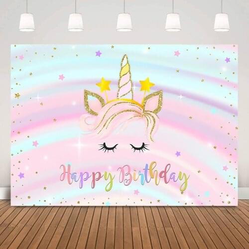 Rainbow Unicorn Children Happy Birthday Party Backdrop Decoration Colorful Stars Golden Dots Cake Smash Photo Background Props