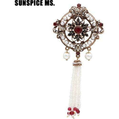 Retro Festival Gift Turkish Women Hollow Flower Bead Tassels Vintage Brooch Jewelry Antique Gold Color Resin Wedding Corsage Pin
