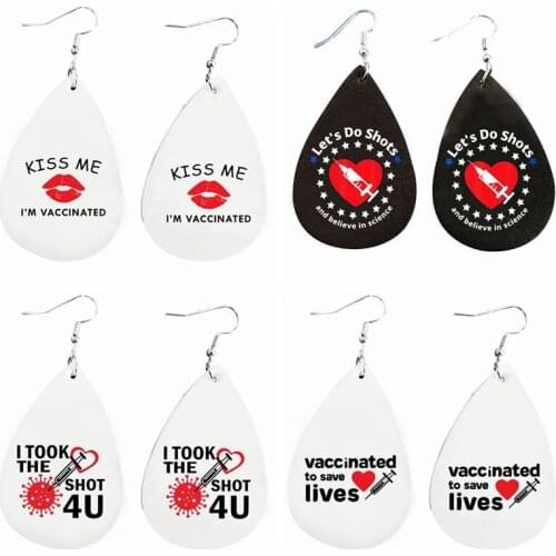Nickel-Free I'm Vaccinated Earrings Layers Glitter Faux Leather Teardrop Earrings Bulk Order Wholesale