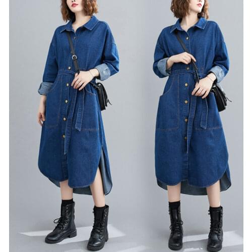Stitching Big Pockets Washed Denim Dress Plus Size Womens Lace Up Waist Irregular Shirt Dress Autumn Oversized Jeans Robes Y517
