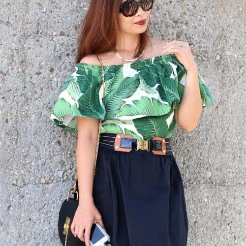 40- sumemr women vintage green palm leaf print boat neck ruffle detail off shoulder tops plus size t shirt crop top shirts