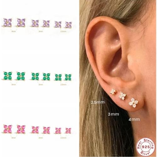 GS 925 Sterling Silver Colorful Zircon Sakura Flower Stud Earrings For Women 2.5/3/4mm Tiny Crystal Floret Ear Studs Jewelry
