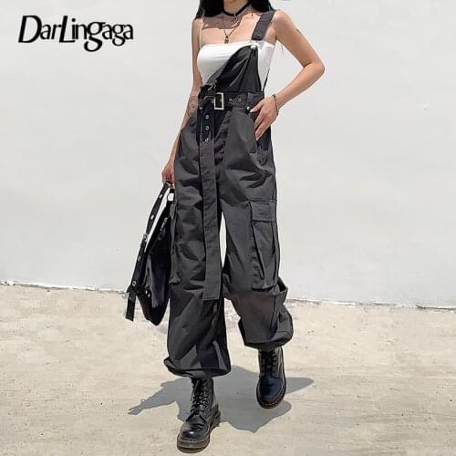 Darlingaga Streetwear Loose Cargo Jumpsuit Women Suspender Pockets Overalls Pants with Belt Fashion Solid Long Jumpsuits Autumn