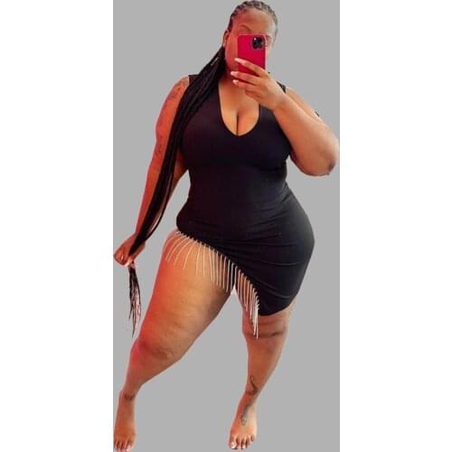 Summer New Style 5xl Plus Size Womens Clothes Sexy V Collar Hanging Bead Chain Stretch Solid Color Dress Wholesale Dropshipping