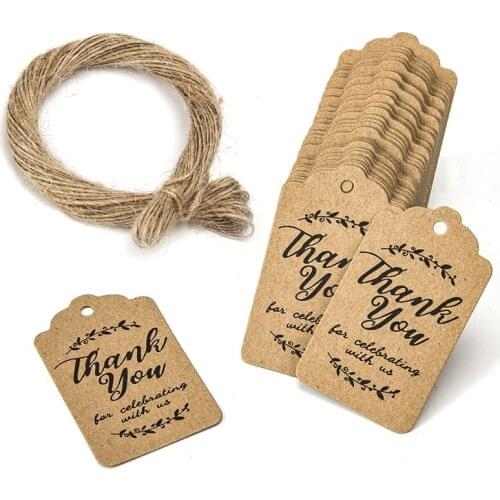 100pcs white/brown Thank you paper tags for Celebrating with Us , for wedding party gift tag with include 200 cm jute cord