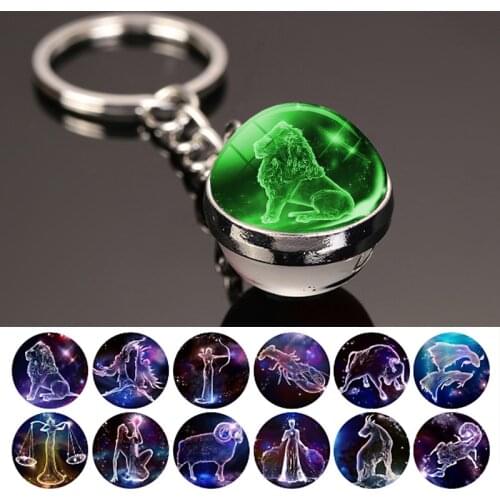 12 Constellation Keychain Glowing Luminous Glass Cabochon Ball Pendant Zodiac Key Rings Jewelry Birthday Gift for Women Men Kids