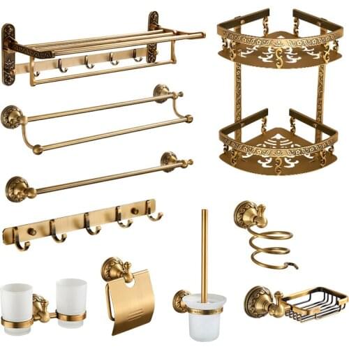 Bathroom Accessories Antique Brass Towel Bar Cup Holders Roll Paper Holder Soap Dish Hairdryer Rack