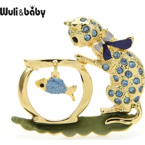 Wuli&baby Rhinestone Bowknot Cat Brooches Cute Kitty Looking Fish Brooch Pins New Year Jewelry Gift 2 Colors