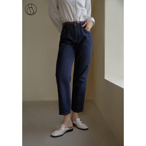 DUSHU Woman Jeans Dark Blue High Waist Straight-leg Jean Women Solid Vintage Commuter 100% Cotton Jeans Colorfast Denim Trousers