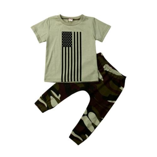 Summer Newborn Toddler Kids Baby Boy Summer American Flag Army Green Tops T-Shirt Camo Long Pants Outfit Sunsuit
