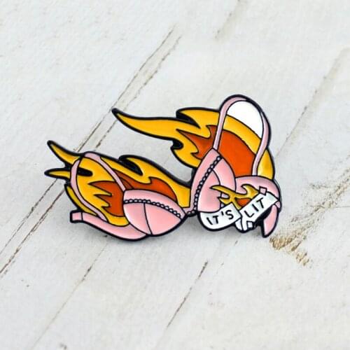 MINGQI Cartoon ITS LIT Bra Brooch Sexy Pink Shiny Bra Flame Lit Bra Badge Enamel Pins Shirt For Women Couple Love Gifts jewelry