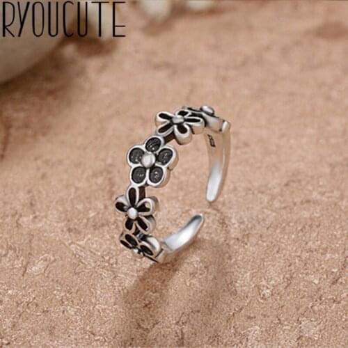 Boho Trendy Real Silver Color Plum Flower Rings for Women Lady Jewelry Antique Finger Rings Anillos