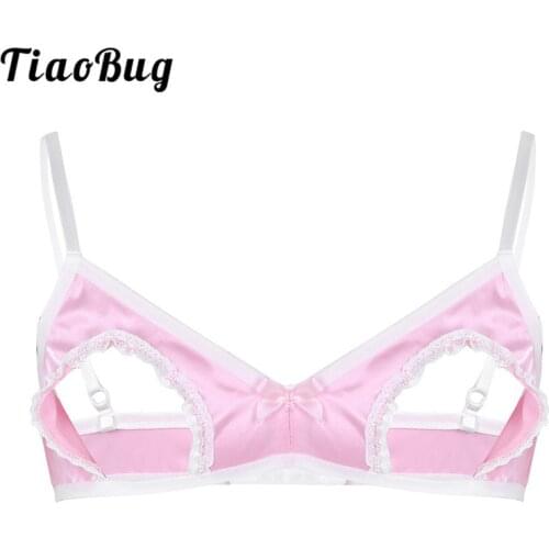 TiaoBug Men Soft Satin Crossdressing Sissy Lingerie Bra Adjustable Straps Nipples Hollow Sexy Male Bra Porno Tops Gay Underwear