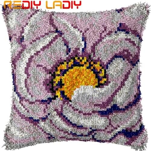 Latch Hook Cushion Purple Poppies Pillow Case Acrylic Yarn Sofa Pillow Printed Color Canvas Crochet Cushion Cover Arts & Crafts
