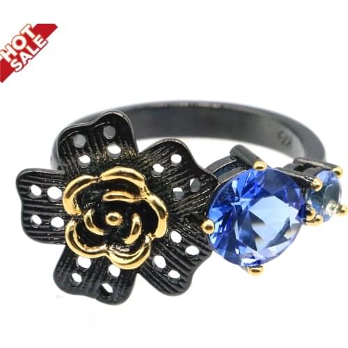 26x15mm Neo-Gothic Created Rich Blue Violet Tanzanite For Sister Cool Black Metal Silver Rings Eye Catching