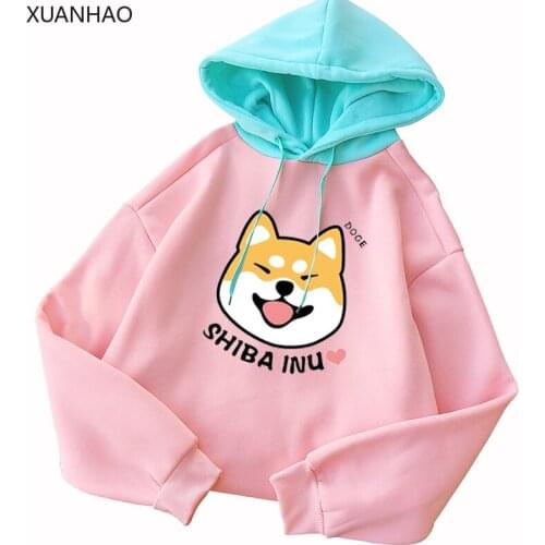 Autumn Winter Pullover Women Fleece Kawaii Cartoon Shiba Inu Sweatshirt Hoodies Fashion Casual Harajuku Dog Print Female Outwear
