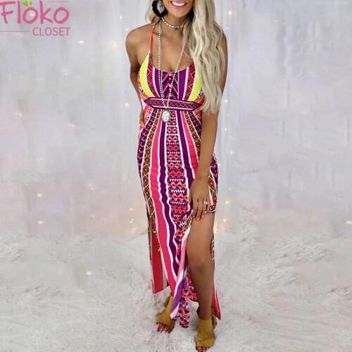 Flokocloset Sexy Backless Print Halter Split Maxi Dress Summer Spaghetti Strap Party Birthday Dress for Women