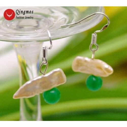 Qingmos Natural 12-15mm Pink Freshwater Biwa Pearl Earrings for Women with 6mm Round Green Jades Beads Dangle Hook Earring-ea467