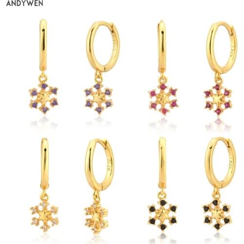 ANDYWEN 925 Sterling Silver Gold Aros Herradura Spring Drop SnowFlower Earring Pendiente Luxury Fine Jewelry Clips Wedding Gift