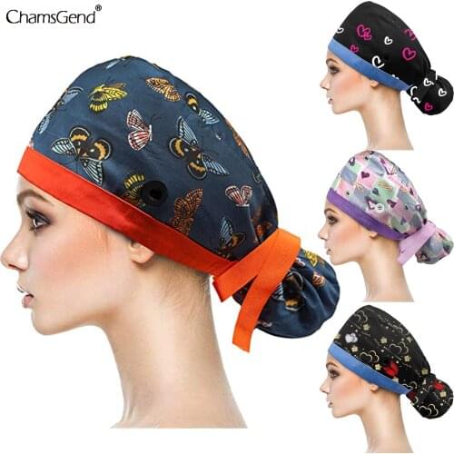 Unisex Scrubs Caps Cotton Adjustable Cartoon Printing Hats High Quality Adjustable Sweat-absorbent Elastic Multicolor Work Hats