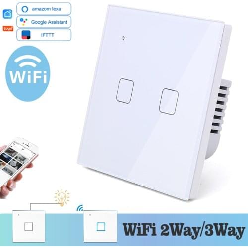 WIFI Touch Light Wall Switch White Glass Blue LED Universal Smart Home Phone Control 2 Gang 2 Way relay Square Alexa Google Home