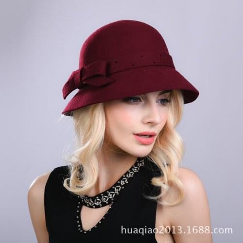 Lady New Fedoras Wool Hat Girls Woolen Dome Cap Female Tiara Hat with Holes Bowtie Bonnet Party Dome Cap B-8887