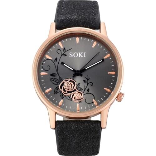Classic Women Watches Flower Pattern Analog Quartz Wristwatch Solid Color Leather Strap Casual Students Clock Zegarki Damskie