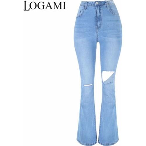 LOGAMI High Waist Stretch Jeans Woman Ripped Slim Micro Flared Pants Womens Street Jeans Spring Summer