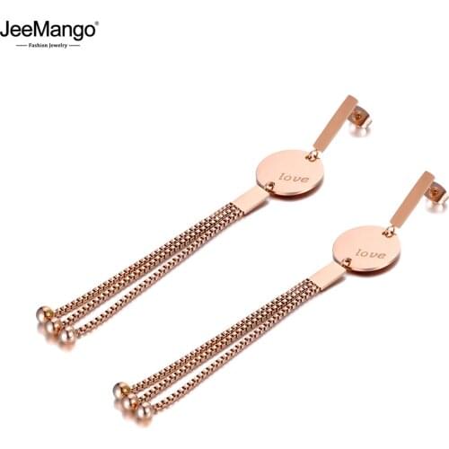 JeeMango Fashion Stainless Steel Round Geometry Love Tassel Earrings Jewelry Rose Gold Chain Dangle Earrings For Women JE19223