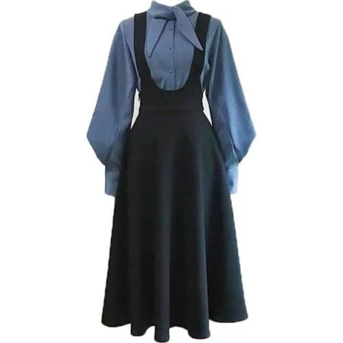 PERHAPS U women vintage set black zipper strap skirt blue lantern sleeve long sleeve button shirt autumn T0237