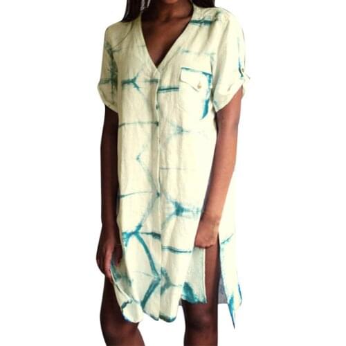 Summer Dress Women Dyeing Print Sexy V Neck Short Sleeve Tunic Shirt Split Midi Dress robe femme платье летнее женское2021
