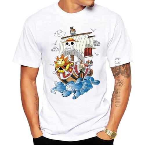 100% Cotton Fashion One Piece Anime Men T-Shirt O Neck Tee Funny Thousand Sunny Ship Printed Graphic Tshirt Hipster Tops