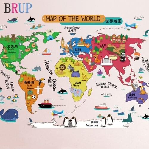 92*60cm Cartoon World Map Wall Stickers Colorful Map of The World Home Decor for Children Vinyl Wall Decals for Kids Room