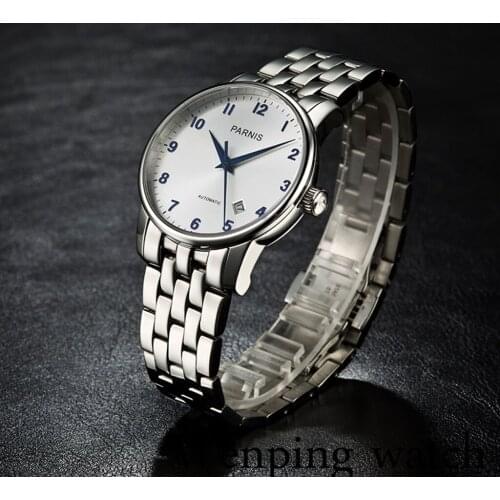Parnis 38MM Silver Dial Automatic Mechanical Blue Hands Stainless Steel Bracelet Calendar Japan Miyota Movement Men Wristwatch