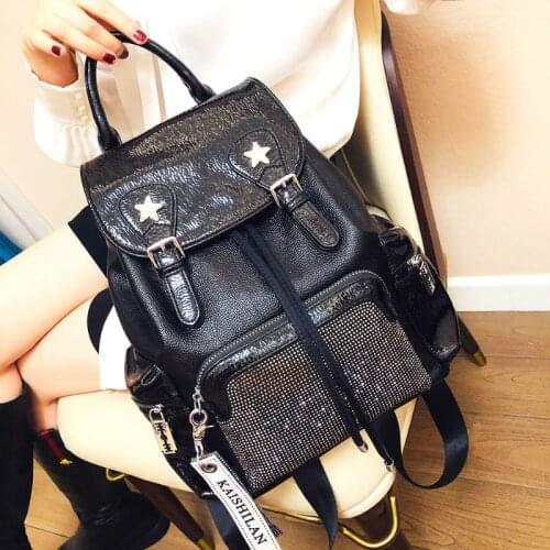 Shining Rhinestone Womens Backpacks Desiigner Black Soft Leather Star Travel Mochila Feminina School Girls Sac Femme